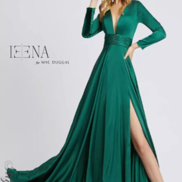 Mac Duggal Leena Plunge Satin A-Line Midi Dress Women Sz 10 Emerald Green EUC - Picture 1 of 8